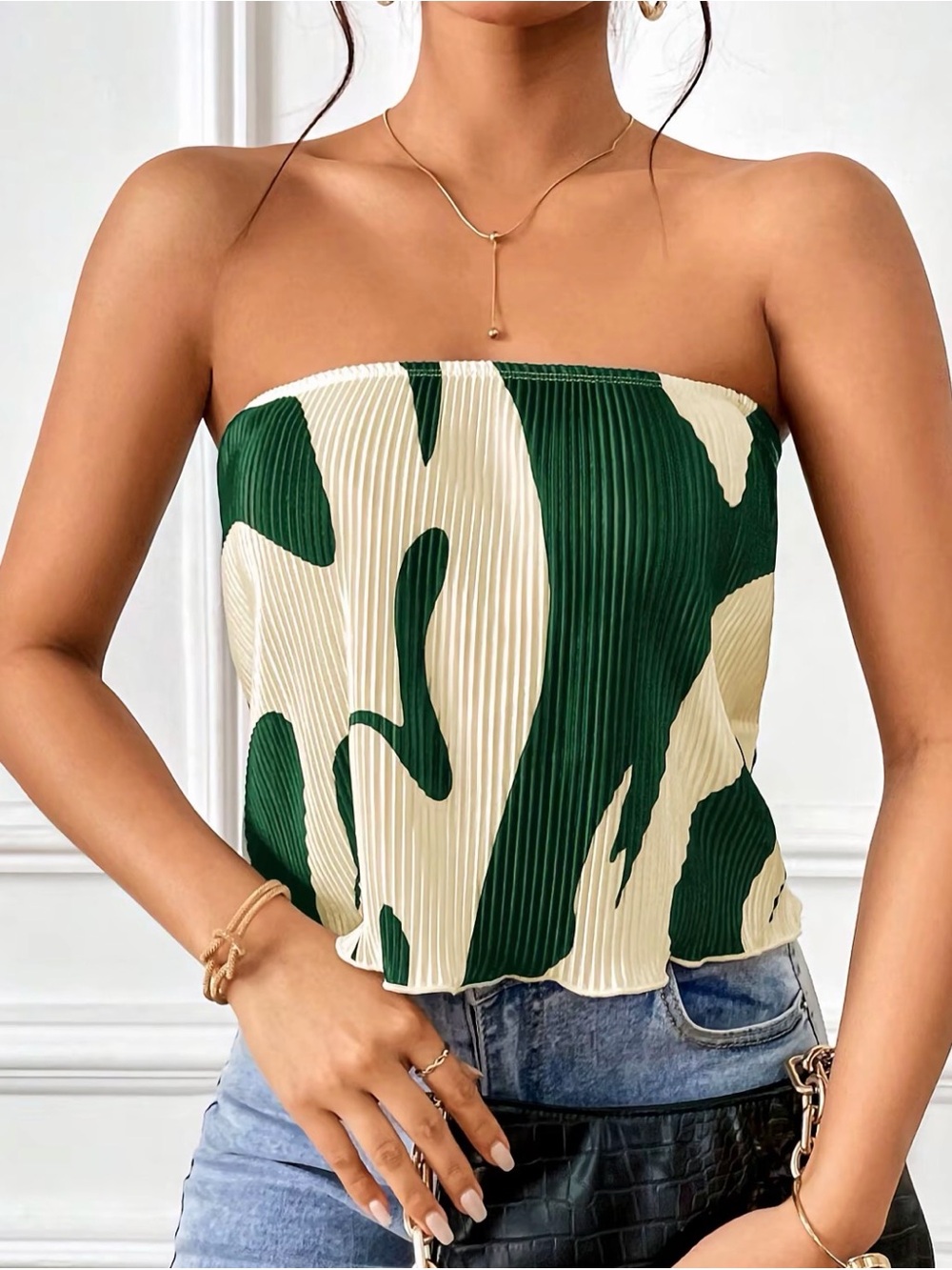 Strapless Pleated Tube Top in Green and Cream